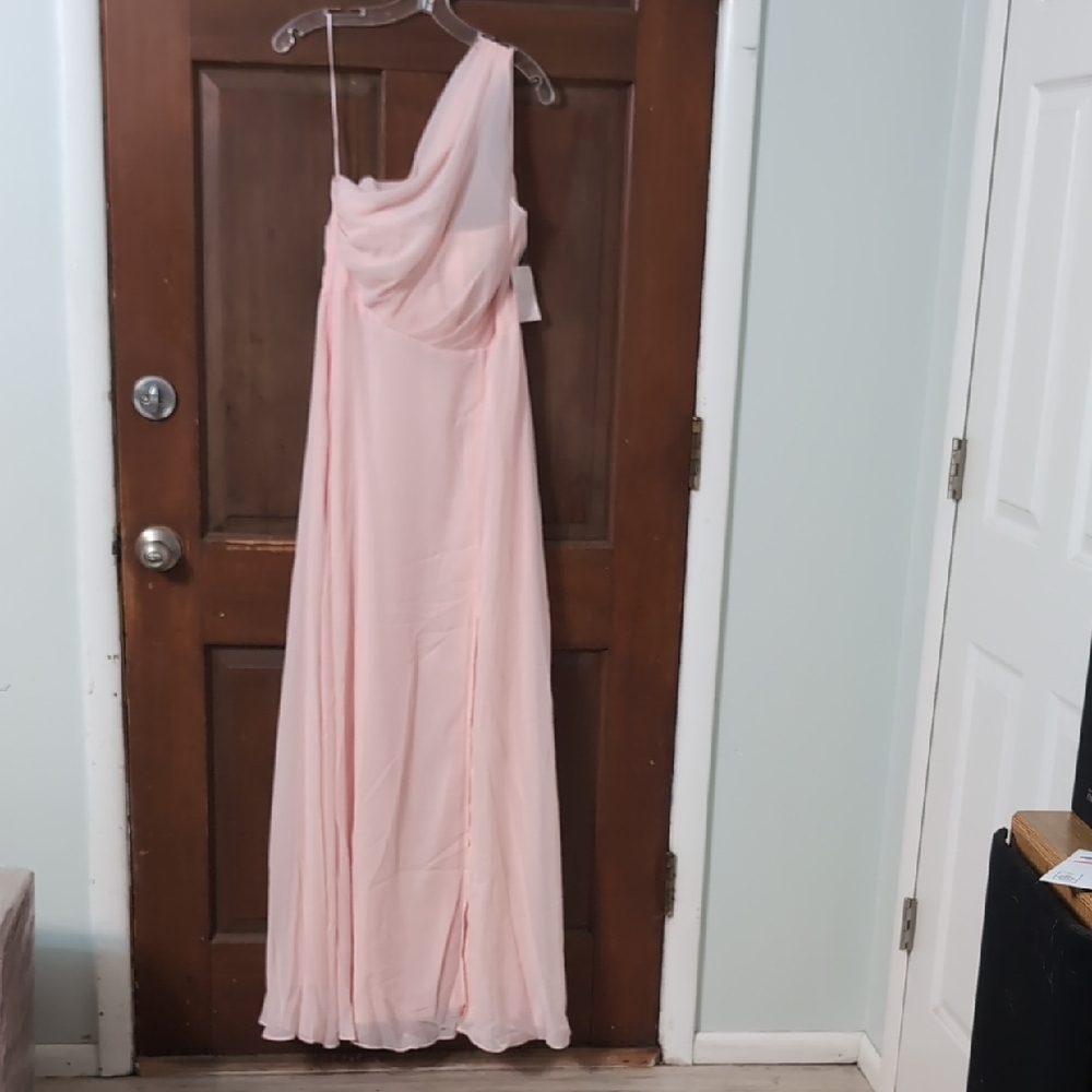 Birdy Grey One-Shoulder Draped Chiffon Dress in Blush